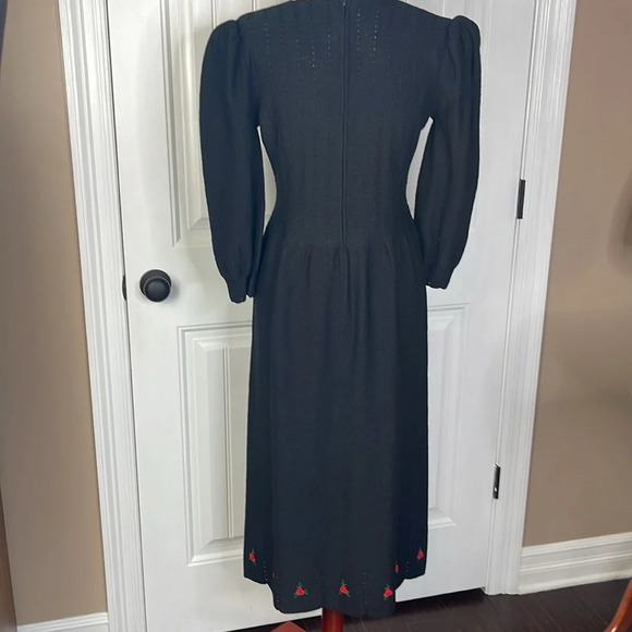 Vintage 80s ADOLFO at Saks Fifth Ave Black Knit Floral Dress Wool Blend Sz Small - Picture 9 of 13